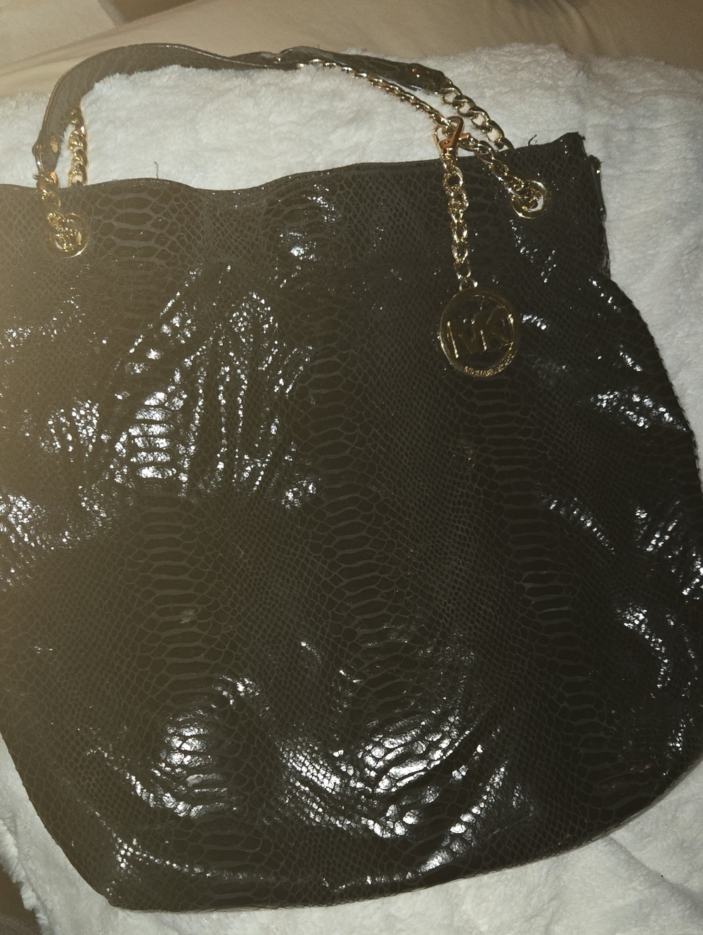 Authentic MK Black Snake-Embossed Tote Bag with Gold Chain Trim